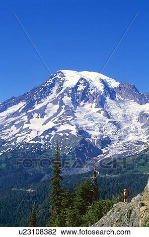 Stock Image - View of Mount Rainier with backpacker, Mount Rainier National Park. Fotosearch