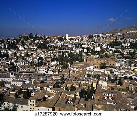 Stock Image - View of the Spanish city of Granada, seen from the Alhambra Palace. Fotosearch