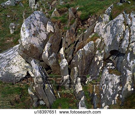 Stock Image - Weathered rock and lichen. Fotosearch