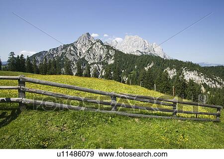 Stock Photo - Alpine landscape with rustic wooden fence. Fotosearch