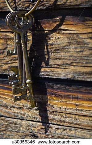 Old-fashioned keys on log wall View Large Photo Image Stock Photograph - Old-fashioned keys on log wall. Fotosearch