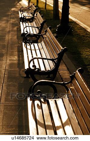 Park benches, early morning View Large Photo Image Picture - Park benches, early morning. Fotosearch