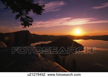 Sunrise over Wizard Island at Crater Lake National Park View Large Photo Image Stock Image - Sunrise over Wizard Island at Crater Lake National Park. Fotosearch