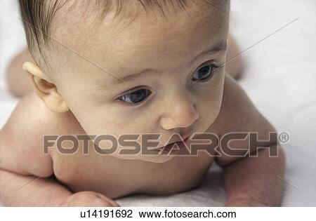 Stock Image - Baby lying on tummy. Fotosearch