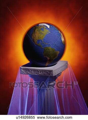 Stock Photography - Backlit globe on Grecian pillar. Fotosearch