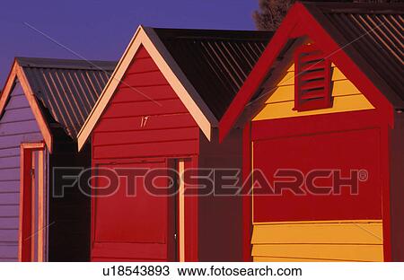 Stock Image - Change cabins on beach. Fotosearch