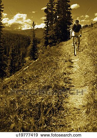 Man riding mountain bike on narrow path View Large Photo Image Stock Photo - Man riding mountain bike on narrow path. Fotosearch