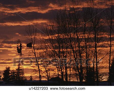 Sunset at farm with wind driven pump View Large Photo Image Stock Image - Sunset at farm with wind driven pump. Fotosearch
