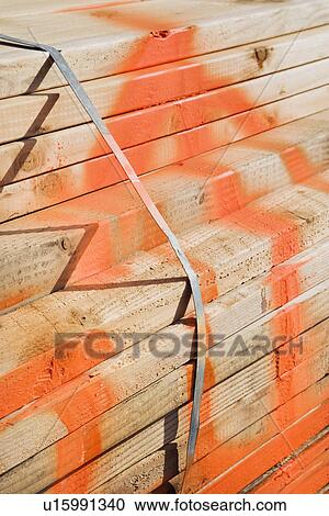 Stock Image - Bundle of lumber with orange spray paint.. Fotosearch