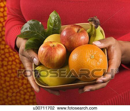 Stock Image - Close up of Hispanic female hands holding a fruit basket.. Fotosearch