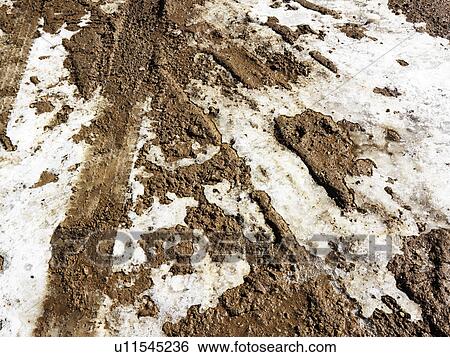Stock Photograph - Close up shot of muddy and snowy dirty road.. Fotosearch