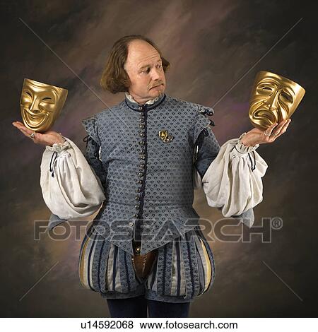 William Shakespeare in period clothing holding theatrical masks in either hand. View Large Photo Image Stock Photo - William Shakespeare in period clothing holding theatrical masks in either hand.. Fotosearch