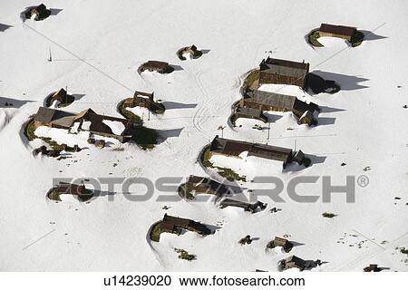 Aerial of snow covered buildings in small town, California, USA. View Large Photo Image Stock Image - Aerial of snow covered buildings in small town, California, USA.. Fotosearch