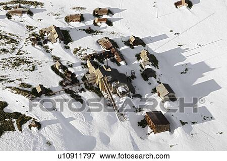 Aerial of snow covered buildings in small town, California, USA. View Large Photo Image Stock Photo - Aerial of snow covered buildings in small town, California, USA.. Fotosearch