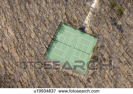 Stock Photo - Aerial view of tennis court in bare wooded area.. Fotosearch