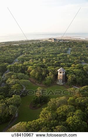 Stock Photo - Aerial view of tower and park on Bald Head Island, North Carolina.. Fotosearch