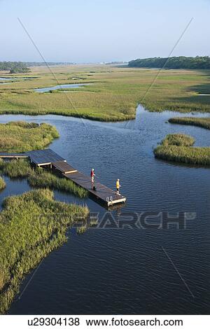 Aerial view of two teenage boys fishing from dock in marshy lowlands of Bald Head Island, North Carolina. View Large Photo Image Stock Photo - Aerial view of two teenage boys fishing from dock in marshy lowlands of Bald Head Island, North Carolina.. Fotosearch