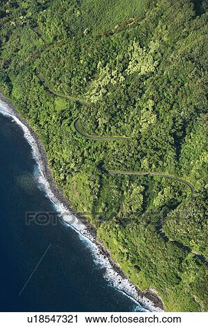 Aerial view of winding road along coastline through lush green forest in Maui, Hawaii. View Large Photo Image Stock Image - Aerial view of winding road along coastline through lush green forest in Maui, Hawaii.. Fotosearch