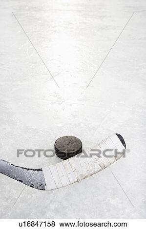 Close up of ice hockey stick on ice rink in position to hit hockey puck. View Large Photo Image Stock Photo - Close up of ice hockey stick on ice rink in position to hit hockey puck.. Fotosearch