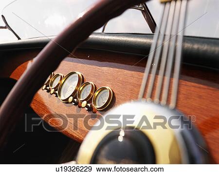Stock Photo - Detail of wooden boat with steering wheel and dashboard. . Fotosearch