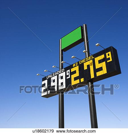 Stock Photo - Sign displaying gasoline prices.. Fotosearch