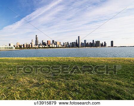 Stock Photo - Urban cityscape skyline of Chicago, Illinois on Lake Michigan.. Fotosearch