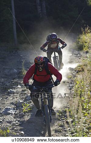 Mountain bikers riding downhill View Large Photo Image Stock Photo - Mountain bikers riding downhill. Fotosearch