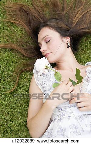 Woman laying on grass, holding rose View Large Photo Image Stock Photo - Woman laying on grass, holding rose. Fotosearch
