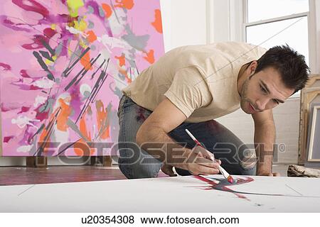 Artist Working on Canvas on Floor of Studio View Large Photo Image Stock Photo - Artist Working on Canvas on Floor of Studio. Fotosearch