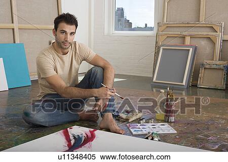 Artist Working on Canvas on Floor of Studio View Large Photo Image Stock Photography - Artist Working on Canvas on Floor of Studio. Fotosearch