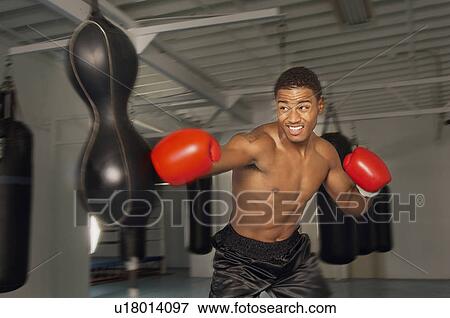Boxer hitting punch bag in red gloves in gym View Large Photo Image Stock Photo - Boxer hitting punch bag in red gloves in gym. Fotosearch