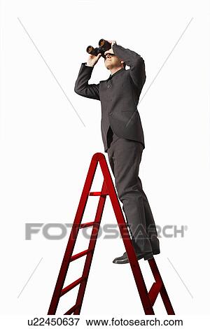 Businessman with Binoculars on Ladder View Large Photo Image Stock Photo - Businessman with Binoculars on Ladder. Fotosearch
