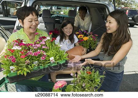 Picture - Family Loading New flowers into SUV. Fotosearch