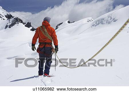 Hiker connected to safety line in snowy mountains back view View Large Photo Image Stock Image - Hiker connected to safety line in snowy mountains back view. Fotosearch