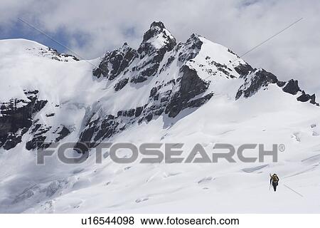 Hiker headed for distant peak in snow back view View Large Photo Image Stock Photo - Hiker headed for distant peak in snow back view. Fotosearch