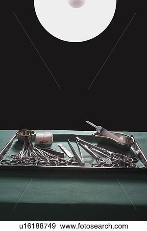 Medical equipment on tray in operating theatre View Large Photo Image Stock Photo - Medical equipment on tray in operating theatre. Fotosearch