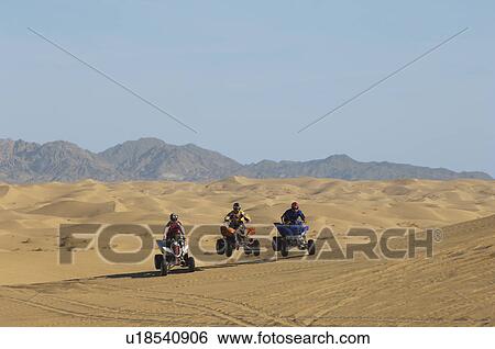 Men riding quad bikes in desert View Large Photo Image Stock Photograph - Men riding quad bikes in desert. Fotosearch