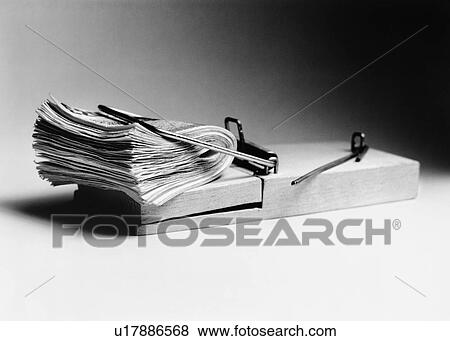 Mouse trap with wad of cash as bait (b&w) View Large Photo Image Stock Photo - Mouse trap with wad of cash as bait (b&w). Fotosearch