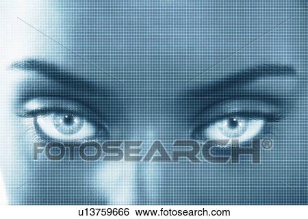 Stock Photograph - Portrait of woman with superimposed grid close up. Fotosearch