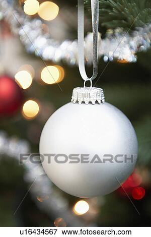 Silver bauble hanging from christmas tree close up View Large Photo Image Stock Photo - Silver bauble hanging from christmas tree close up. Fotosearch