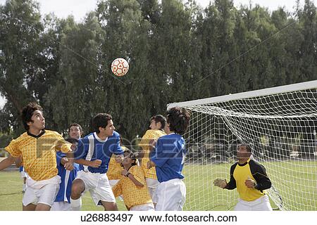 Soccer players jumping for ball View Large Photo Image Stock Photo - Soccer players jumping for ball. Fotosearch
