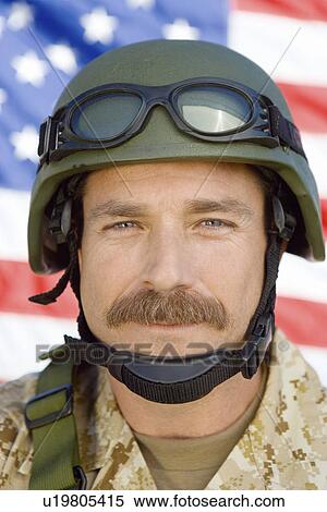 Soldier with moustache in front of United States flag (close-up) (portrait) View Large Photo Image Stock Photography - Soldier with moustache in front of United States flag (close-up) (portrait). Fotosearch