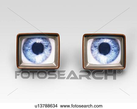 Picture - Two television sets with eyes on screens digital composite. Fotosearch