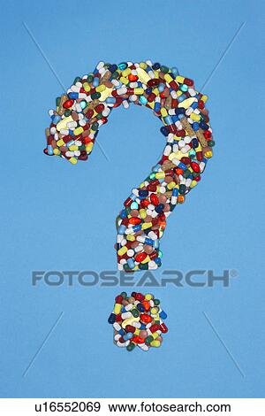Various pills forming question mark on blue background View Large Photo Image Stock Photo - Various pills forming question mark on blue background. Fotosearch