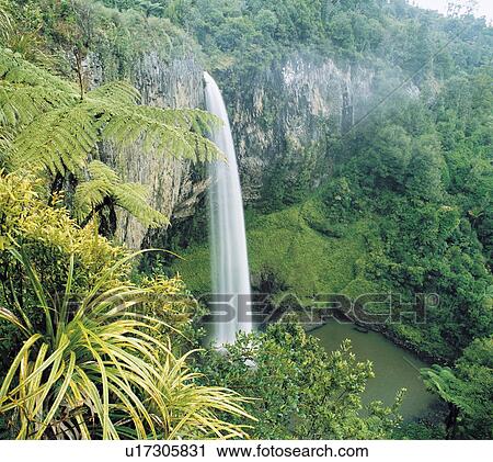 Stock Image - Waterfall in rainforest elevated view. Fotosearch