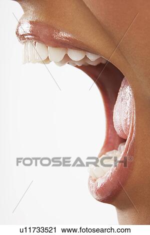 Stock Image - Woman's open mouth yelling. Fotosearch