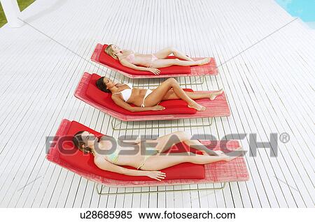 Young women sunbathing on deckchairs by swimming pool high angle view View Large Photo Image Stock Photography - Young women sunbathing on deckchairs by swimming pool high angle view. Fotosearch