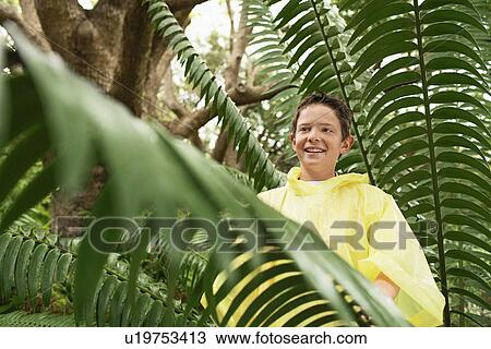 Stock Image - Boy Standing by Fern. Fotosearch