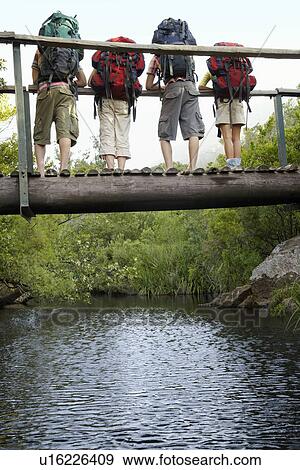Stock Photo - Four teenagers (16-17 years) standing on bridge carrying backpacks looking down back view. Fotosearch