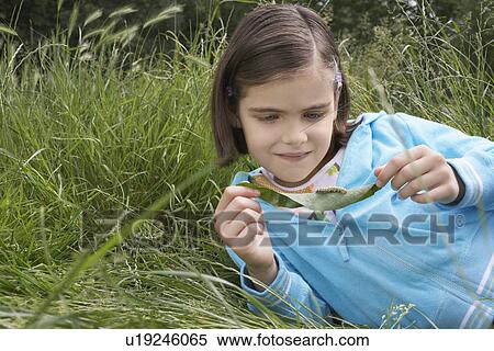 Stock Photography - Girl (7-9) examining caterpillar on leaf in field. Fotosearch